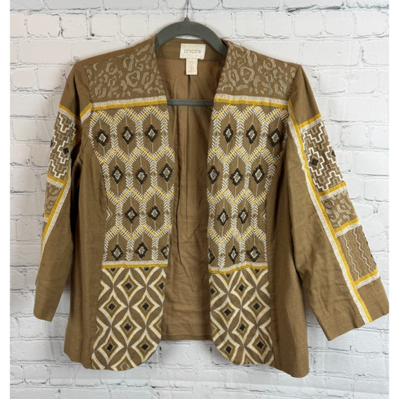 CHICO'S linen blend embroidered beaded 3/4 sleeve short blazer jacket size 0 (S) - Picture 1 of 10